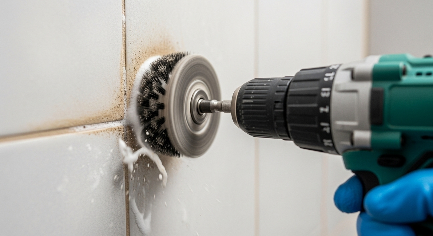 Cận cảnh máy khoan không dây gắn đầu cọ xoay làm sạch đường ron gạch phòng tắm bị ố, minh họa mẹo dọn nhà cấp tốc hiệu quả.