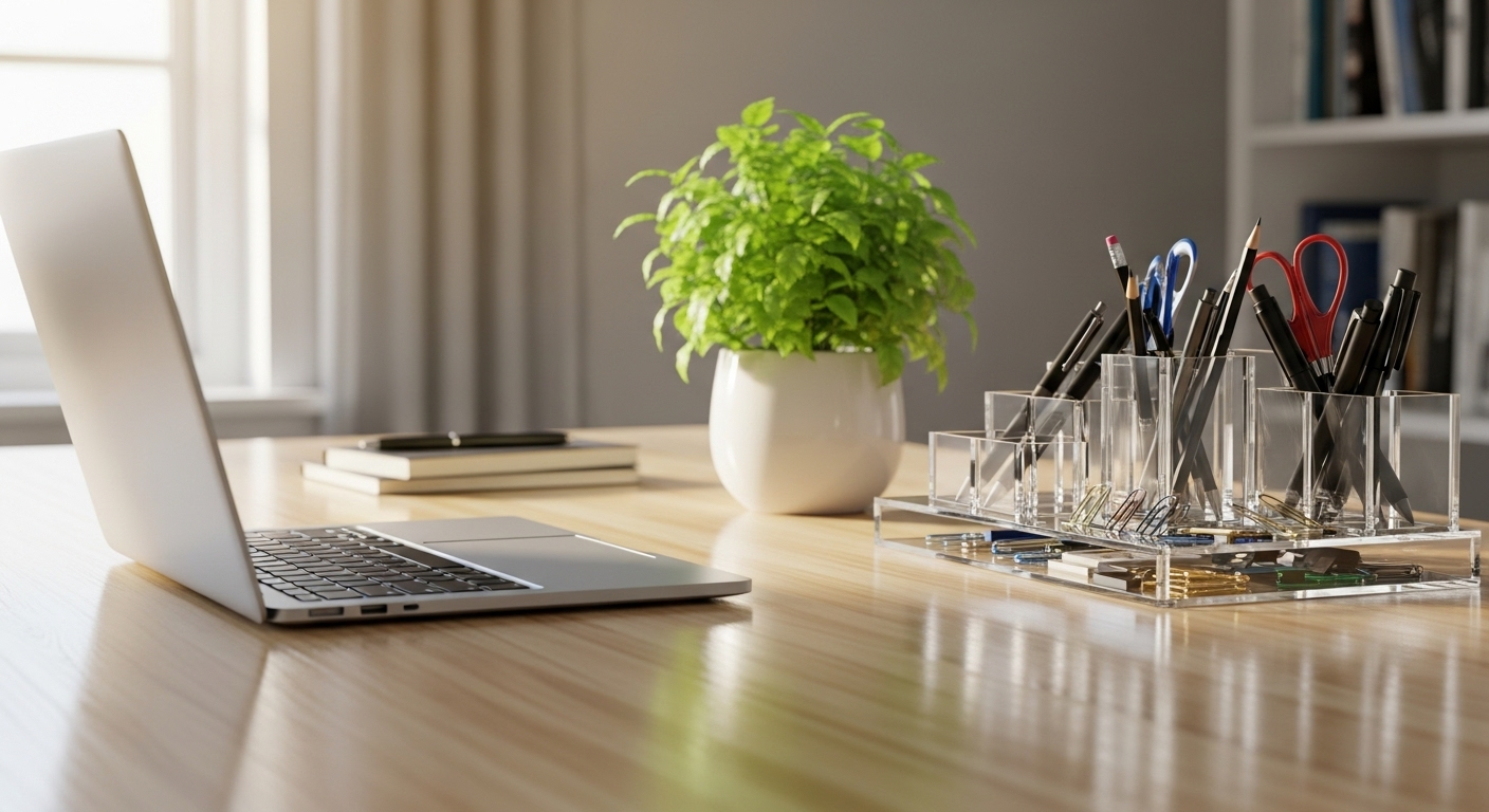 Bàn làm việc tại nhà sạch bóng, ngăn nắp với laptop, cây xanh và đồ dùng văn phòng được sắp xếp khoa học. Hình ảnh lý tưởng cho việc tìm kiếm mẹo vặt lau dọn nhà cửa để duy trì không gian gọn gàng.