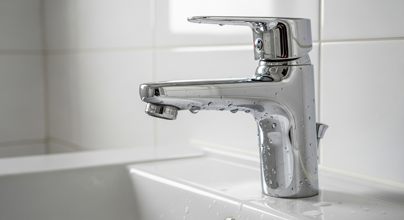 Cận cảnh vòi nước chrome sáng bóng trên bồn rửa trắng tinh, cùng đường ron gạch sạch sẽ, minh chứng cho hiệu quả của mẹo dọn nhà giúp giữ phòng tắm luôn tinh tươm.