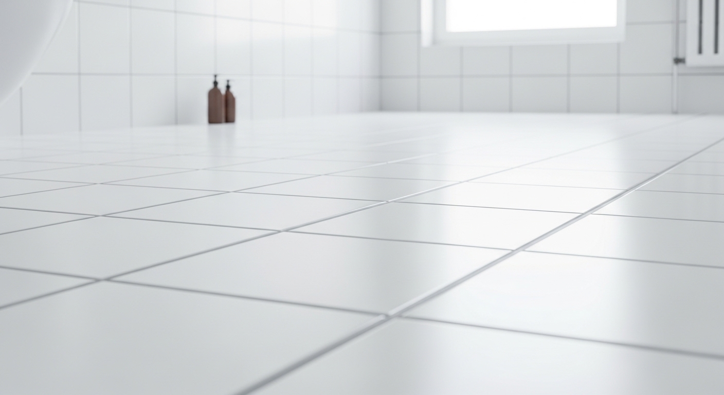 Sàn phòng tắm gạch trắng sáng bóng, với ron gạch xám nhạt sạch tinh tươm, đạt được nhờ quy trình vệ sinh ron gạch chuyên nghiệp.