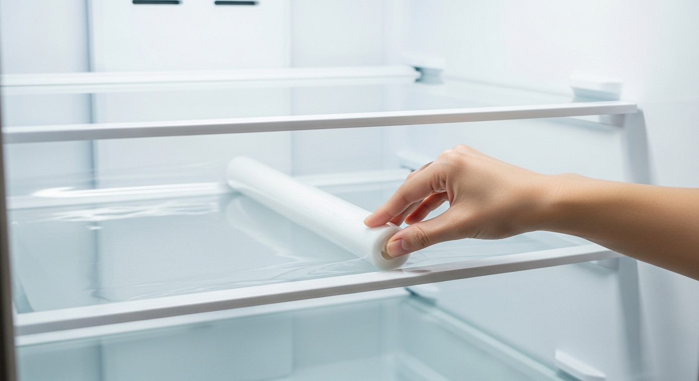 Tay cẩn thận trải tấm lót bảo vệ lên kệ kính tủ lạnh sạch sẽ, minh họa cách dọn dẹp nhà cửa hiệu quả và giữ không gian ngăn nắp.