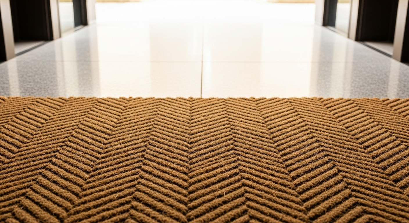 Thảm chùi chân dày dặn ở lối vào trên nền sàn đá sạch bóng loáng, thể hiện hiệu quả của cách lau nhà nhanh và sạch.