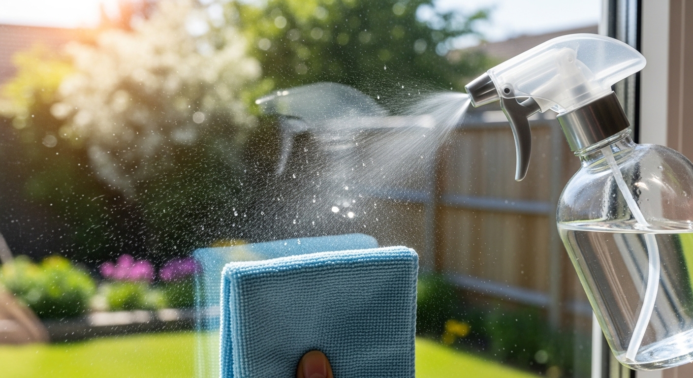 Cận cảnh bình xịt thủy tinh chứa giấm đang xịt lên cửa sổ, chuẩn bị lau bằng khăn mềm để đạt được bề mặt sáng bóng không tì vết. Ánh sáng tự nhiên làm nổi bật tầm nhìn rõ ràng ra bên ngoài. Đây là một mẹo làm sạch nhà cửa hiệu quả và thân thiện với môi trường.