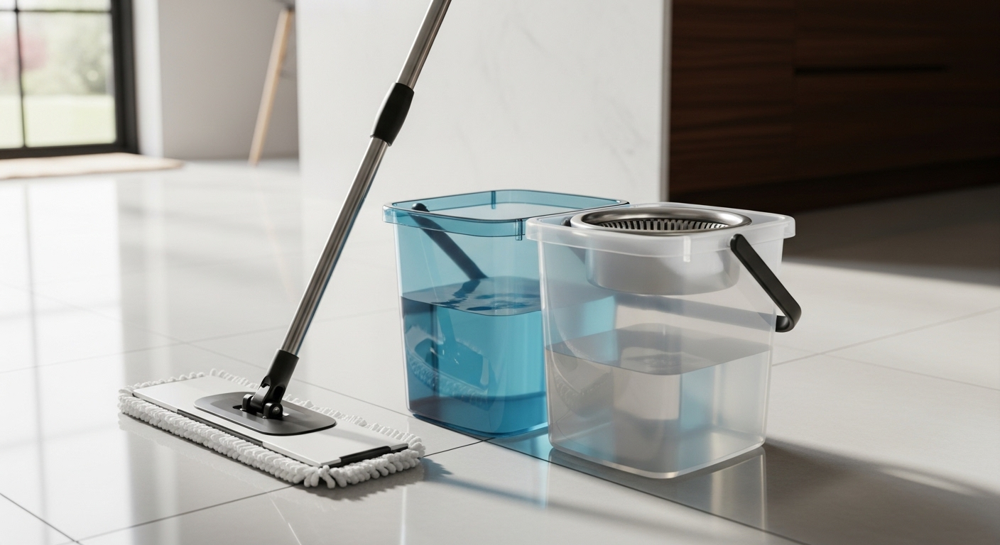 Bộ lau nhà tự vắt hiện đại 2 ngăn với nước sạch trên sàn bếp sạch bóng, áp dụng mẹo lau nhà sạch hiệu quả.