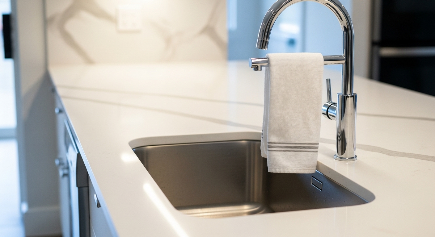 Mặt bàn bếp và bồn rửa inox sáng bóng, sạch tinh tươm, minh chứng cho các mẹo dọn dẹp nhà cửa hiệu quả.