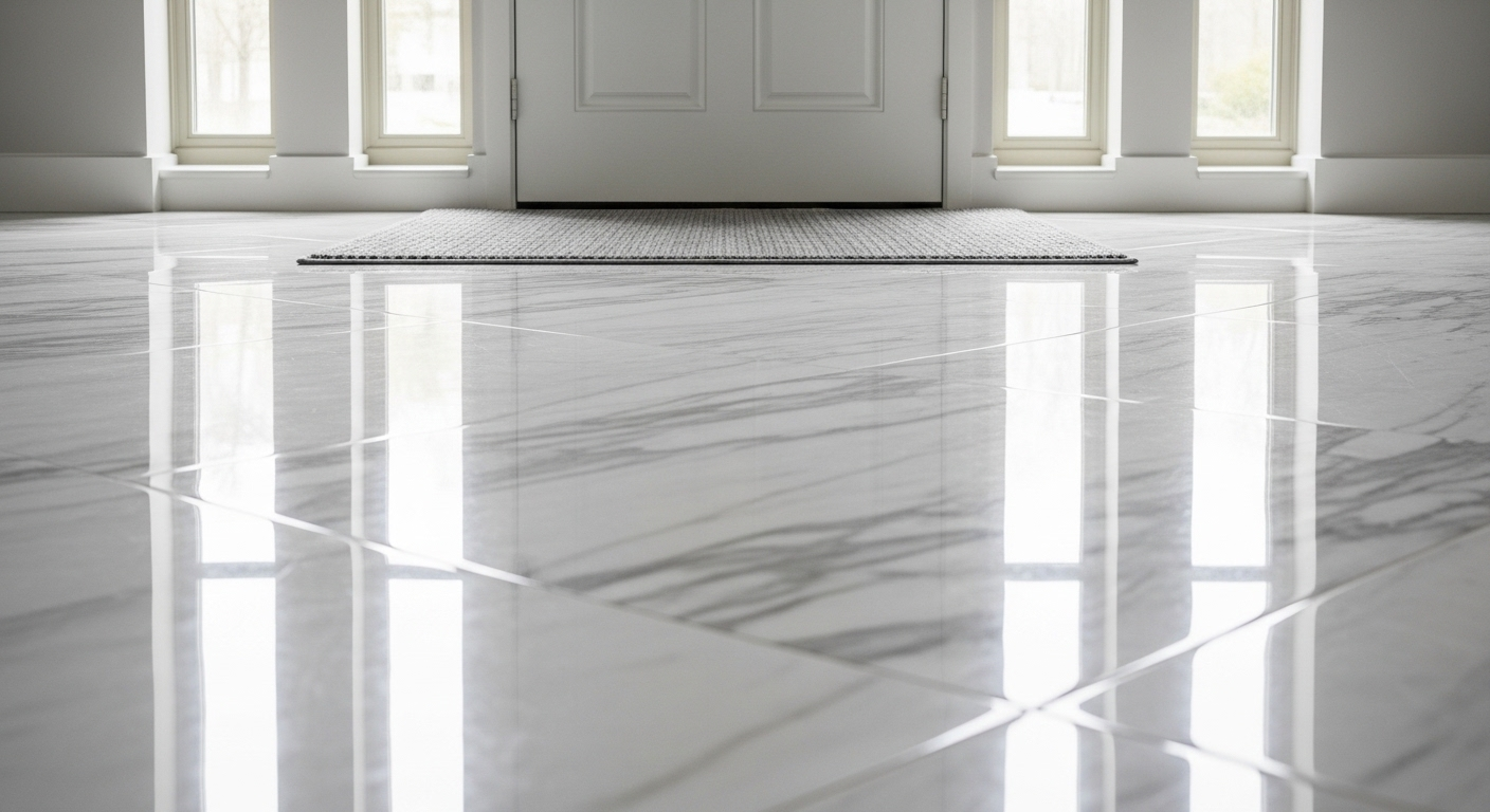 Sàn đá cẩm thạch bóng loáng phản chiếu chi tiết kiến trúc phòng tối giản dưới ánh sáng tự nhiên, với thảm chùi chân đặt gọn gàng. Hình ảnh minh họa cách lau nhà sạch bóng hiệu quả.