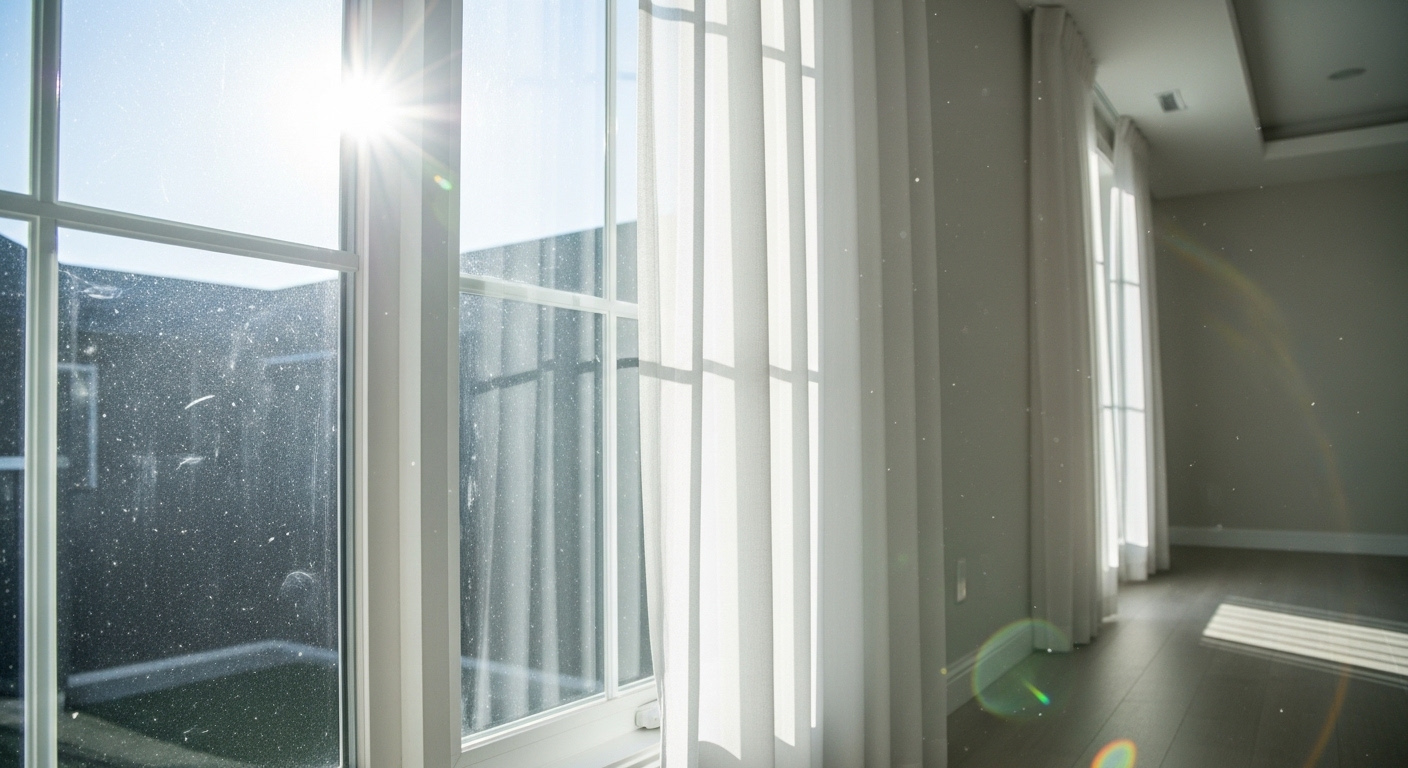 Cửa sổ sạch tinh tươm với rèm trắng mỏng đón nắng ngập tràn căn phòng rộng rãi, tạo không gian sống tươi mới, sáng sủa. Đây là kết quả tuyệt vời khi bạn áp dụng các mẹo vặt lau dọn nhà cửa nhanh gọn để giữ cho ngôi nhà luôn ngăn nắp và tràn đầy năng lượng.