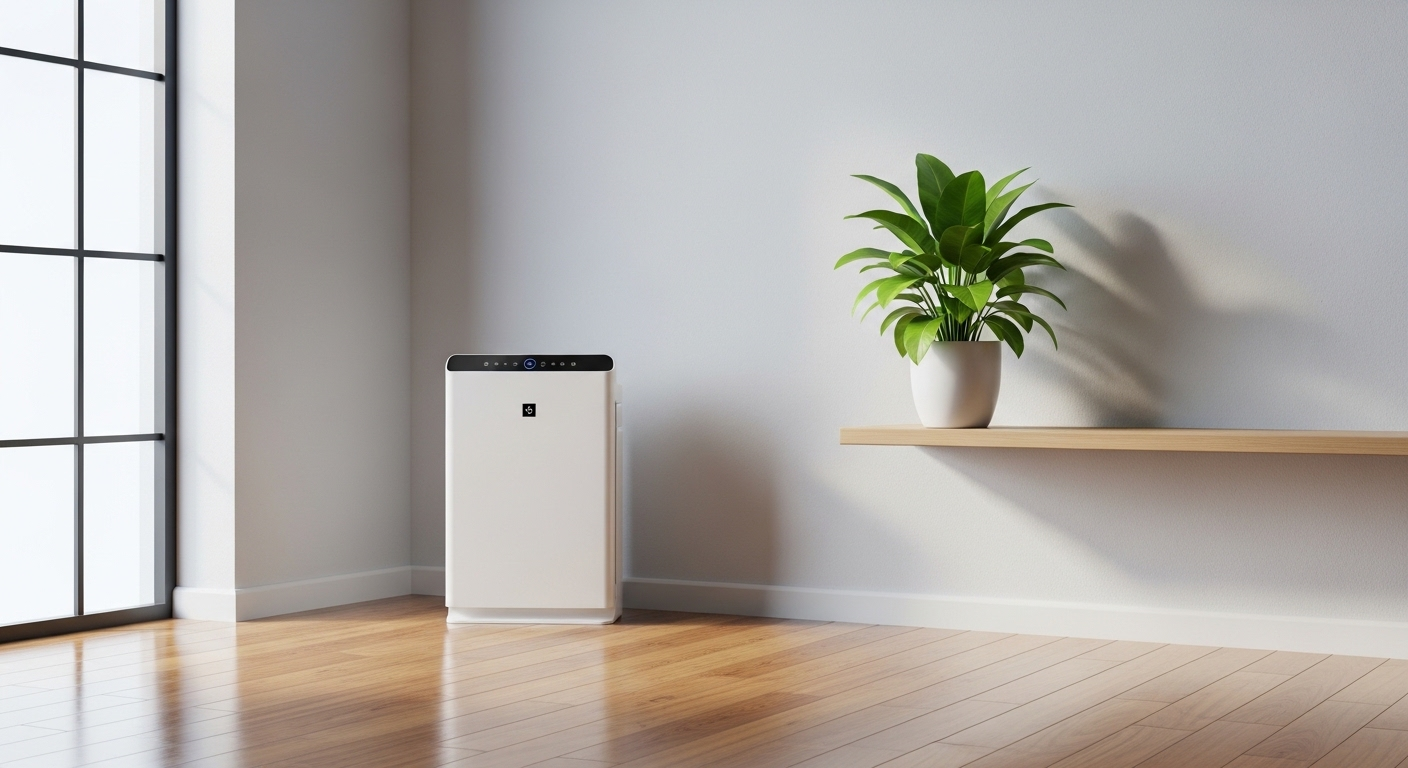 Góc phòng sạch sẽ, thoáng đãng với máy lọc không khí hiện đại, cây xanh trên kệ và sàn gỗ bóng loáng, minh họa cách vệ sinh nhà cửa hiệu quả. Góc phòng sạch sẽ, thoáng đãng với máy lọc không khí hiện đại, cây xanh trên kệ và sàn gỗ bóng loáng, minh họa cách vệ sinh nhà cửa hiệu quả.