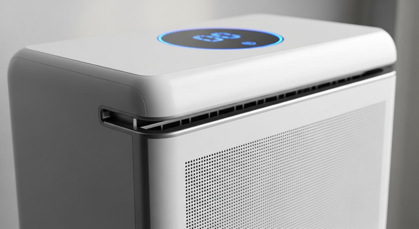 Cận cảnh máy lọc không khí hiện đại, sạch sẽ với thiết kế tối giản. Đây là một phần thiết yếu trong cách dọn dẹp nhà cửa để giữ không khí trong lành, tinh khiết.