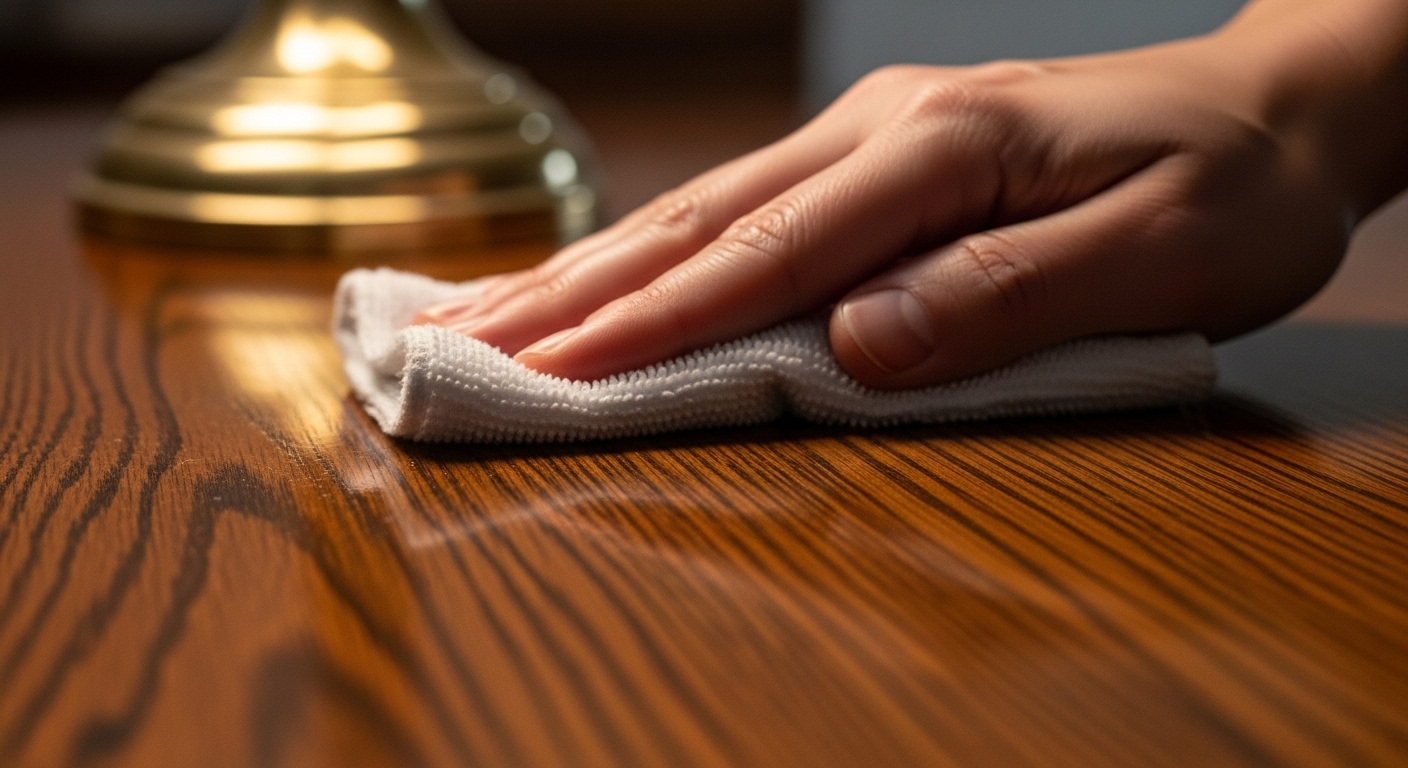 Bàn tay cẩn thận đánh bóng mặt bàn gỗ sẫm màu, vân gỗ hiện rõ, tạo vẻ sạch sẽ tinh tươm cho không gian khi dọn nhà đón Tết.