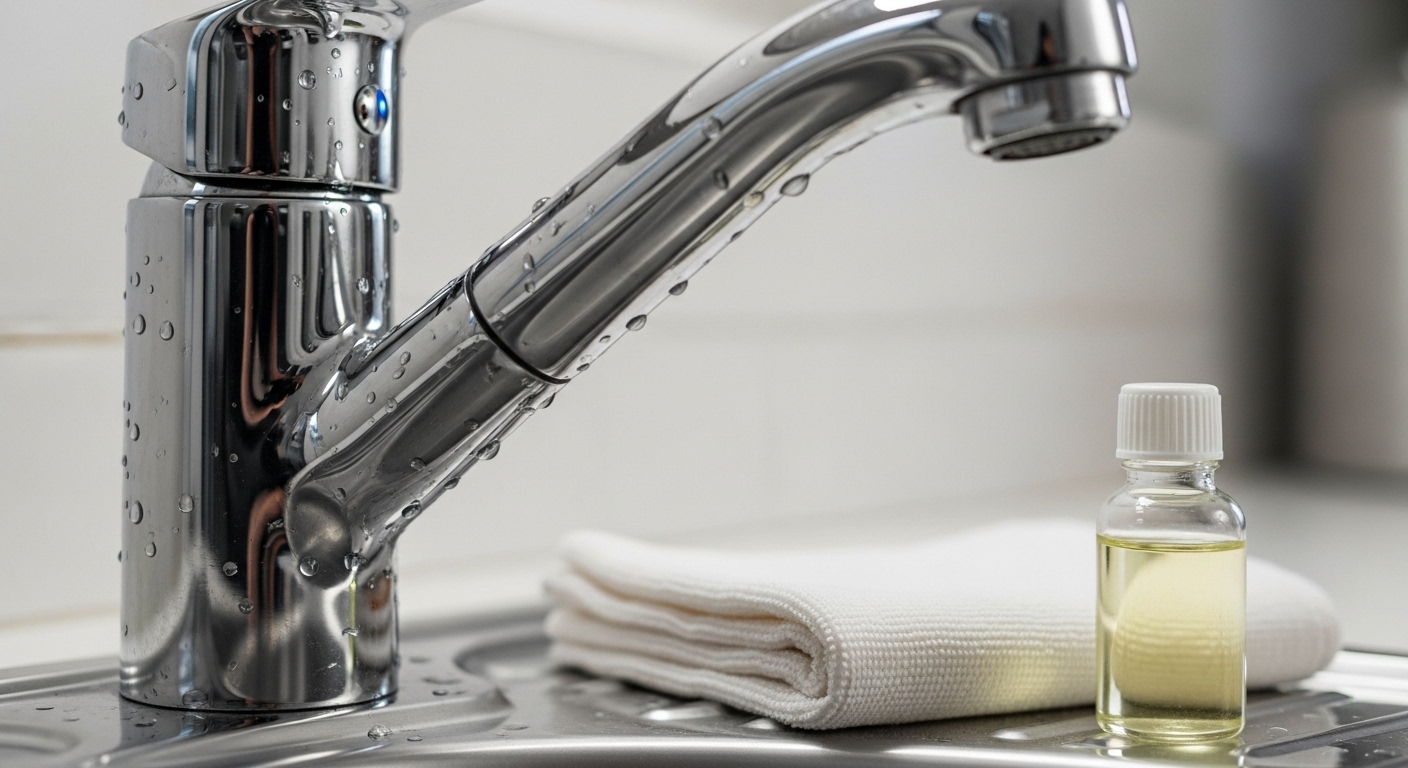 Vòi rửa chén inox sáng loáng phản chiếu ánh sáng, bên cạnh là khăn mềm và dầu em bé – mẹo vặt cho bà nội trợ giúp giữ vật dụng luôn bóng đẹp.