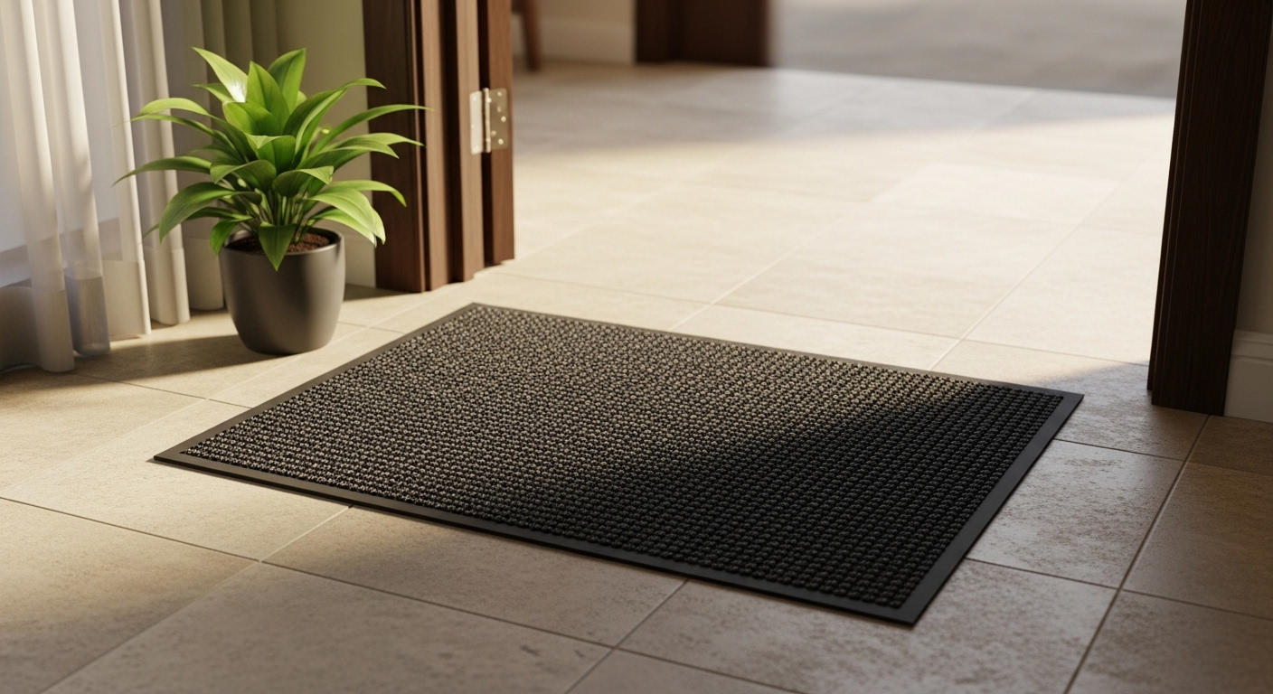 Lối vào nhà ấm cúng với thảm chùi chân tối màu đặt trên sàn gạch màu be đã vệ sinh sạch sẽ, cạnh đó là cây xanh nhỏ.