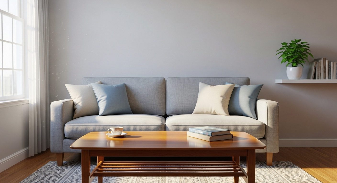 Phòng khách tinh tươm, gọn gàng với sofa vải sạch, bàn gỗ bóng và cây xanh, minh họa hiệu quả các mẹo vặt dọn nhà ngày tết để tạo không gian tươi mới, thanh bình.