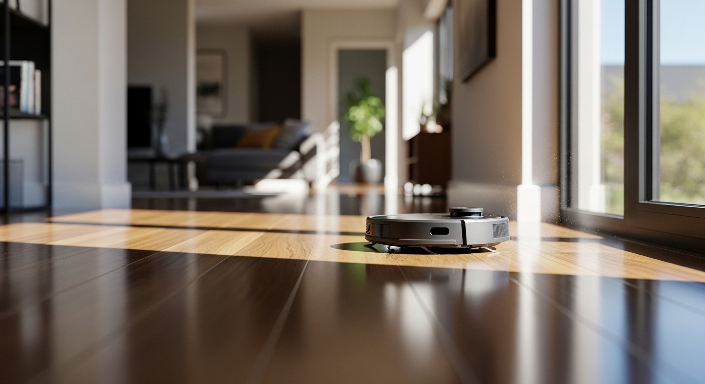 Robot hút bụi hiện đại tự động làm sạch sàn gỗ bóng loáng, minh họa cho mẹo dọn dẹp nhà cửa nhanh chóng và hiệu quả.