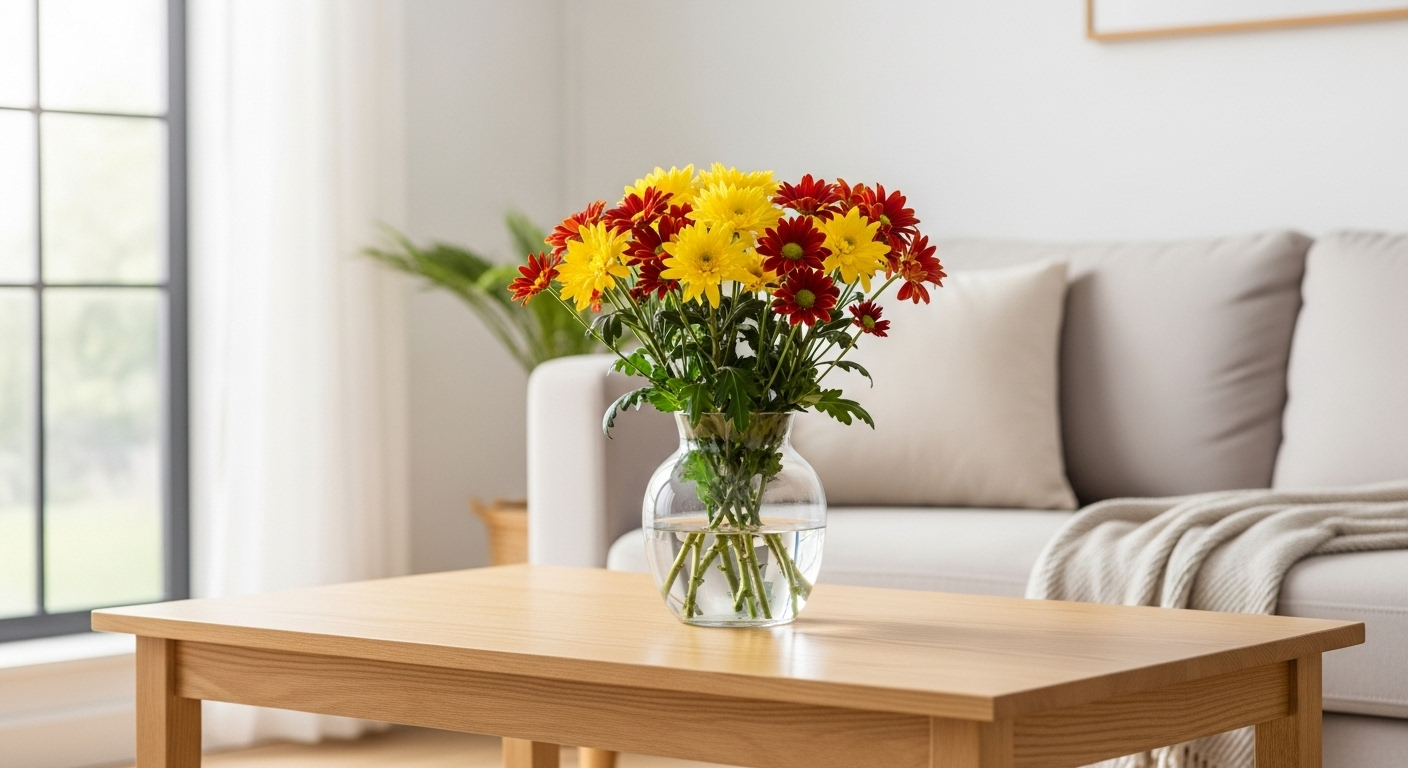 Phòng khách thanh bình, tươi mới với bình hoa cúc vàng đỏ rực rỡ trên bàn cà phê gỗ sạch, sẵn sàng đón Tết sau khi dọn nhà đón Tết.