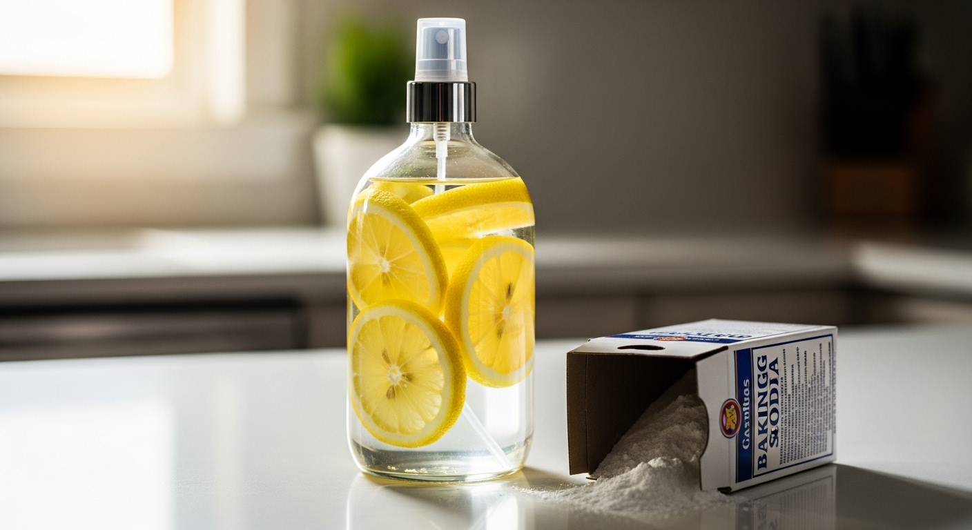 Chai xịt nước chanh tự chế và baking soda trên bề mặt sạch, giải pháp thiên nhiên giúp làm sạch nhà cửa trước Tết an toàn, hiệu quả.