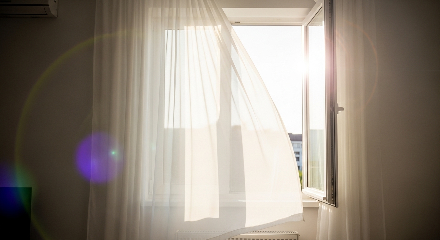 Căn phòng tinh tươm, thoáng đãng ngập ánh sáng tự nhiên với rèm cửa bay nhẹ, thể hiện hiệu quả của cách dọn dẹp và vệ sinh nhà mới.