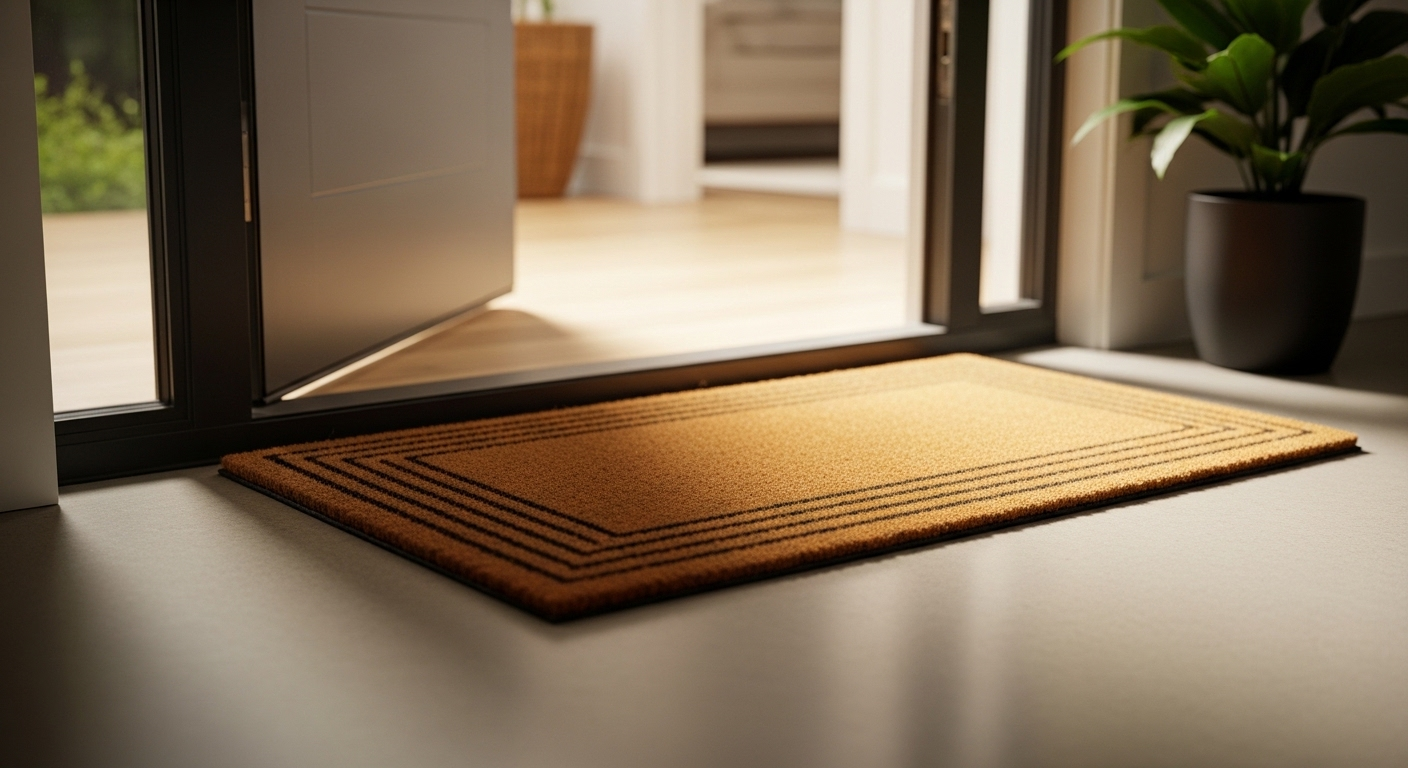 Thảm chùi chân sạch sẽ ở lối vào nhà hiện đại, giúp sàn nhà luôn tinh tươm. Một mẹo giữ nhà sạch lâu là ngăn bụi hiệu quả từ bên ngoài.
