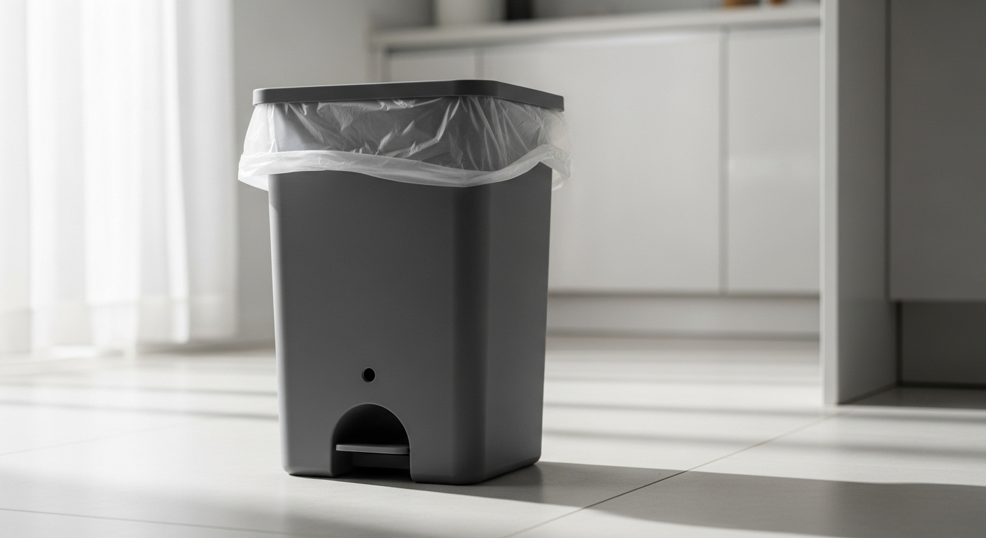 Thùng rác nhà bếp màu xám đậm, sạch sẽ với túi trong suốt và lỗ thoát khí nhỏ ở đáy – một chi tiết hữu ích cho mẹo dọn dẹp nhà cửa hiệu quả trong không gian hiện đại.