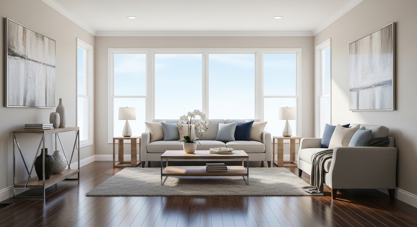 Phòng khách tinh tươm, sáng bừng với nội thất gọn gàng và sàn nhà sáng bóng, gợi ý các mẹo dọn nhà hiệu quả.