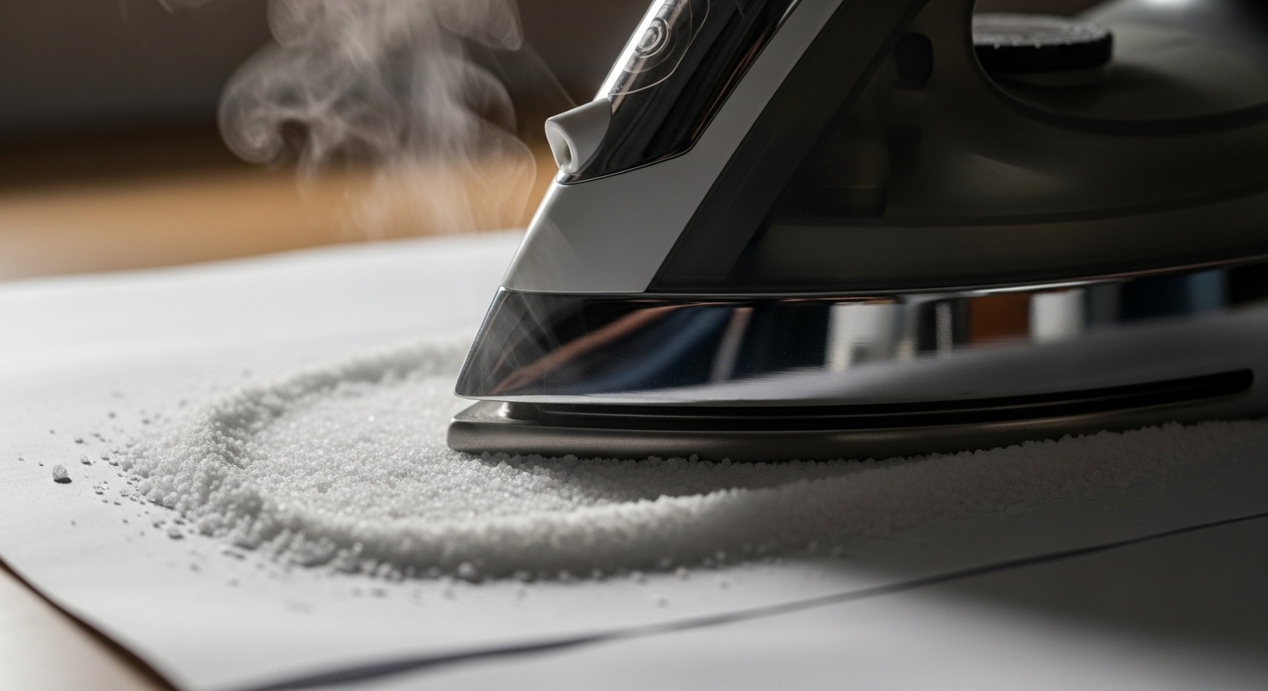 Bàn ủi nóng lướt trên muối trắng giúp làm sạch và sáng bóng mặt đế kim loại.