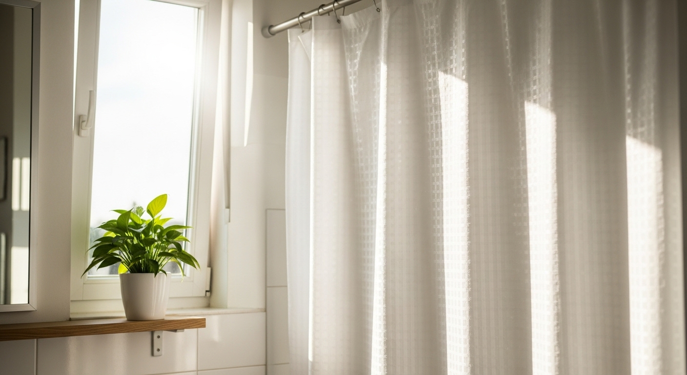 Phòng tắm sáng bừng, thông thoáng với rèm trắng tinh, cây xanh và ánh nắng ban mai. Đây là kết quả của cách làm sạch phòng tắm hiệu quả, tạo không gian tươi mới.