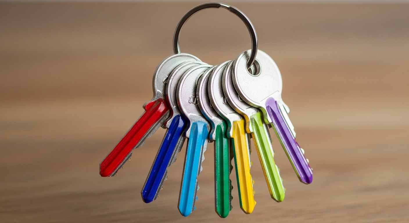 Cụm chìa khóa kim loại trên móc khóa bạc, mỗi chìa được đánh dấu bằng sơn móng tay màu sắc rực rỡ, minh họa mẹo vặt cuộc sống tiện lợi để dễ dàng phân biệt trên nền gỗ được chiếu sáng nhẹ nhàng.
