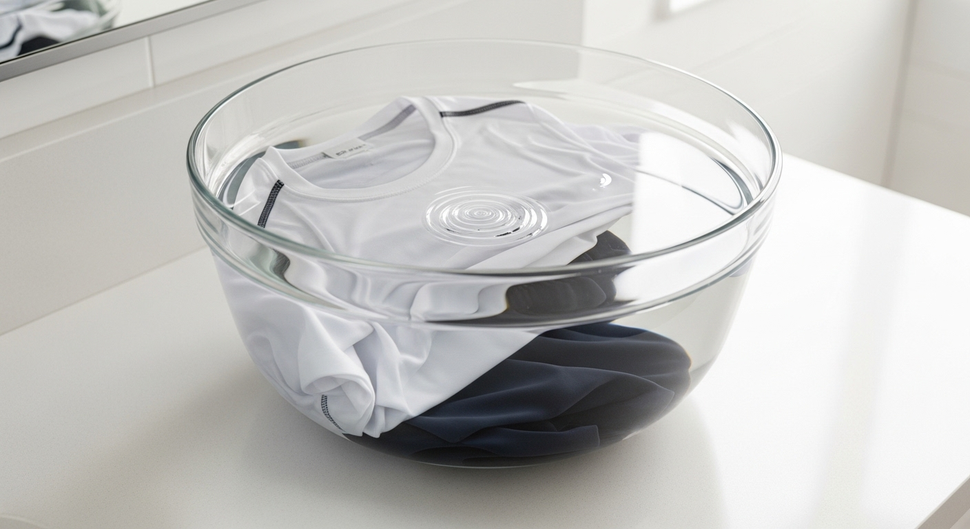 Áo thun thể thao trắng và quần tập gym đen đang ngâm trong chậu nước sạch, minh họa cách giặt quần áo tập gym hiệu quả.