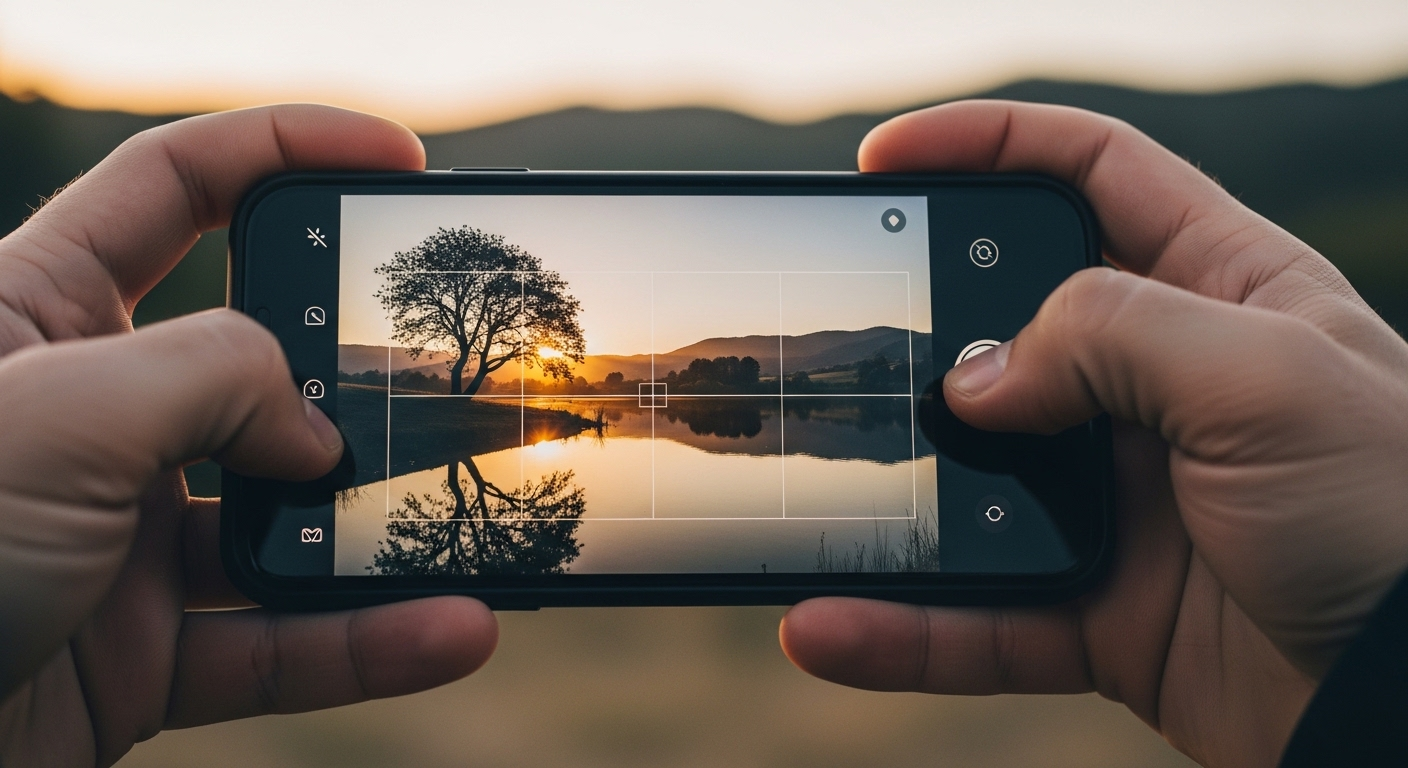 Bàn tay cầm smartphone, màn hình hiển thị ứng dụng camera với phong cảnh ngoại cảnh và lưới bố cục 1/3. Một mẹo vặt cuộc sống giúp bạn chụp ảnh đẹp và có bố cục hoàn hảo.