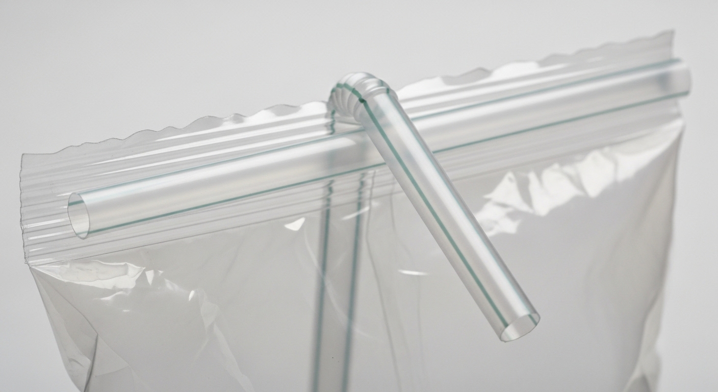 Cận cảnh mẹo vặt niêm phong túi đồ ăn vặt bằng ống hút nhựa, kẹp chặt mép gấp để giữ kín hơi.