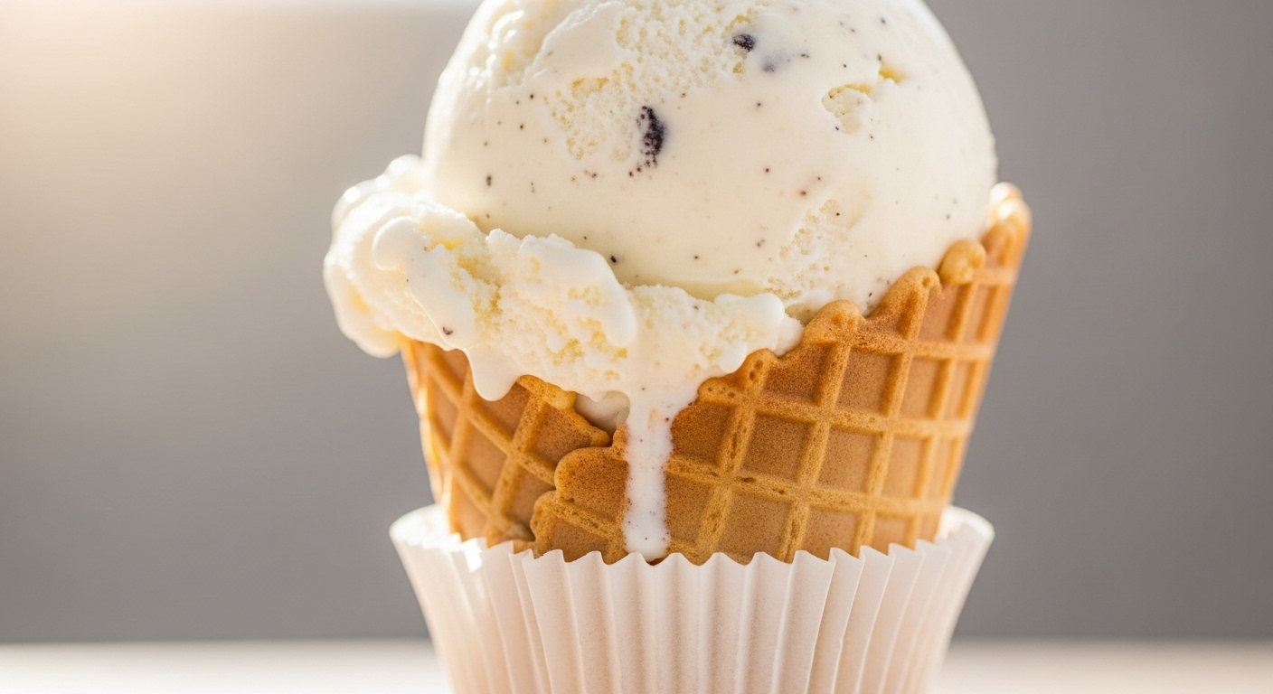 Ảnh kem vani tan chảy trên ốc quế, giấy lót cupcake hứng giọt – một mẹo vặt cuộc sống tiện lợi và sạch sẽ.