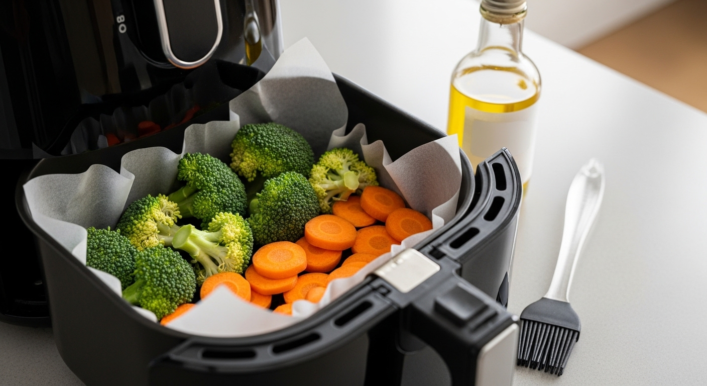 Nồi chiên không dầu với bông cải xanh, cà rốt tươi ngon trên bàn bếp hiện đại. Một công cụ đa năng giúp chuẩn bị bữa ăn tiện lợi, đồng thời liên quan đến các mẹo nhà bếp hữu ích như bảo quản thịt lợn không cần tủ lạnh.