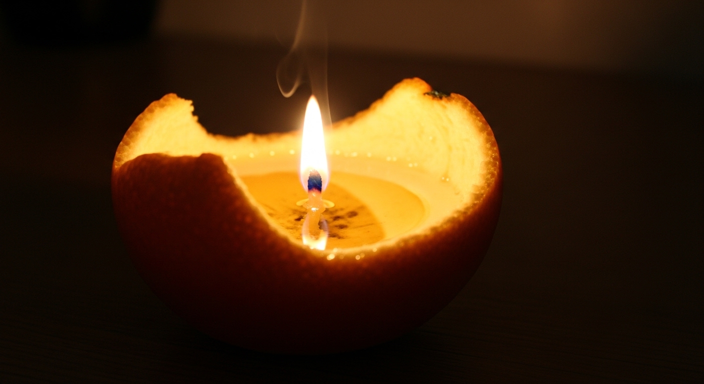 Nến tự chế từ vỏ cam và dầu ăn, với lõi cam làm bấc, tỏa ánh sáng dịu nhẹ, ấm áp trong không gian mộc mạc.