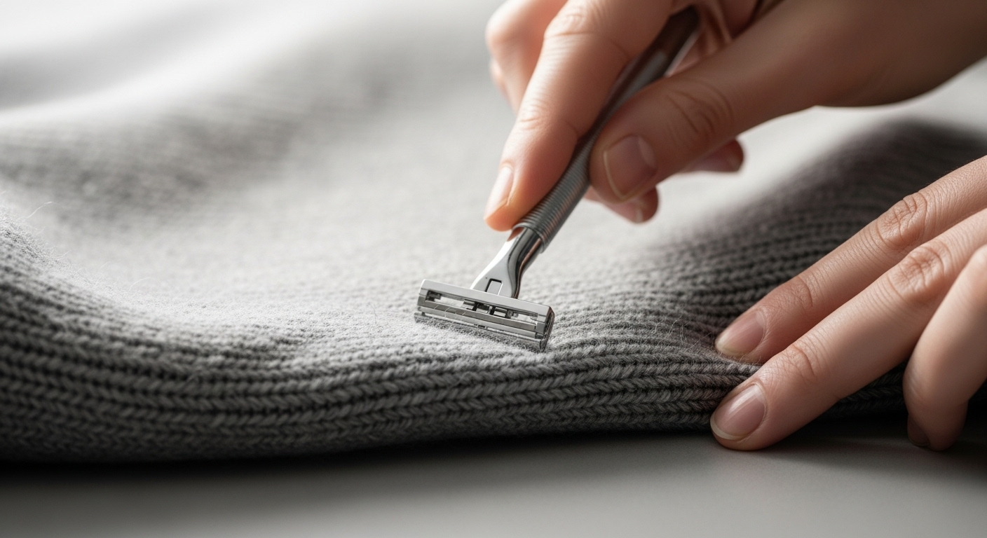 Ảnh cận cảnh đôi tay đang dùng dao cạo nhẹ nhàng loại bỏ xơ vải trên áo len dệt kim màu xám, một mẹo vặt cuộc sống hiệu quả giúp giữ đồ bền đẹp.