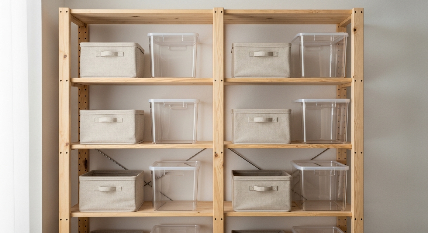Kệ gỗ sáng màu, gọn gàng với giỏ vải be và hộp trong suốt, mang đến giải pháp sắp xếp đồ đạc hiệu quả, góp phần làm sạch không gian sống.