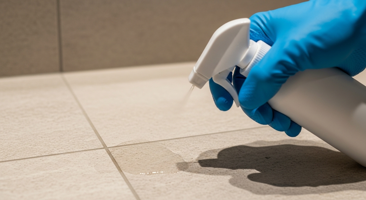 Cận cảnh tay đeo găng xanh xịt dung dịch vệ sinh lên gạch phòng tắm màu be. Hình ảnh minh họa mẹo vặt cuộc sống giúp làm sạch nhà cửa hiệu quả.