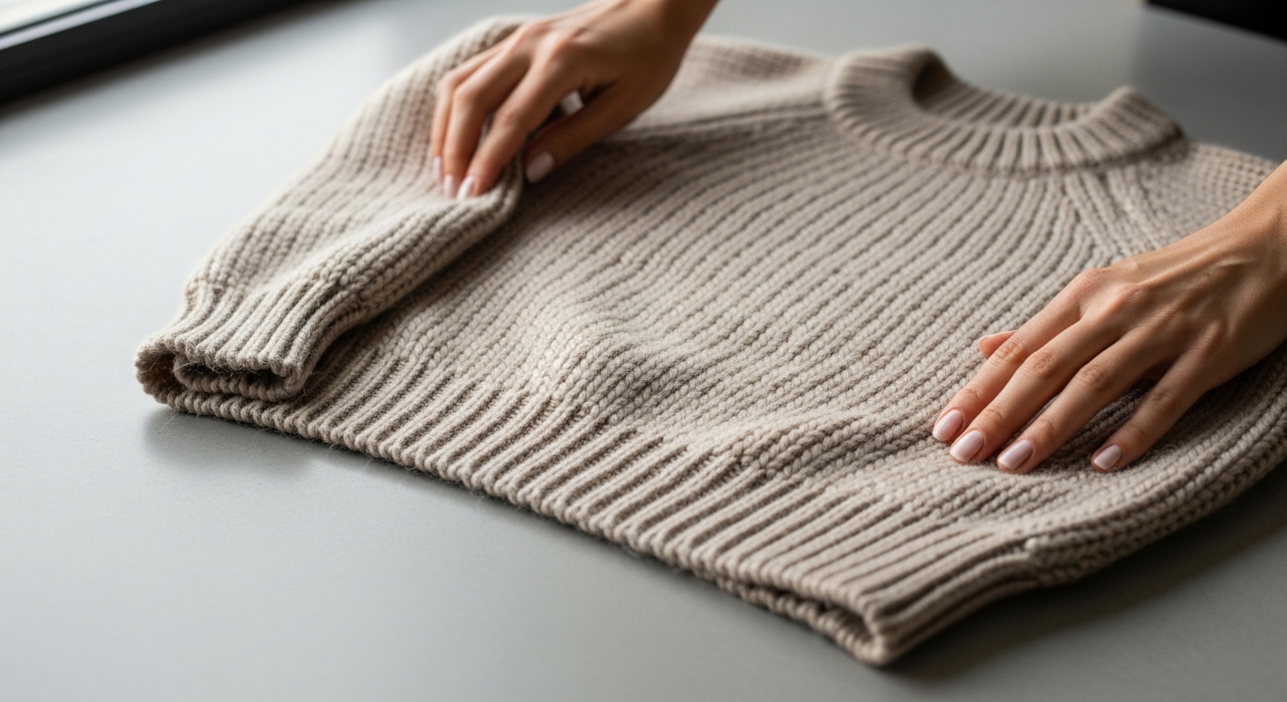 Đôi tay nhẹ nhàng vuốt phẳng chiếc áo len sáng màu trên bề mặt sạch, làm nổi bật kết cấu len. Đây là mẹo vặt cuộc sống hữu ích giúp chăm sóc và giữ gìn đồ len luôn bền đẹp.
