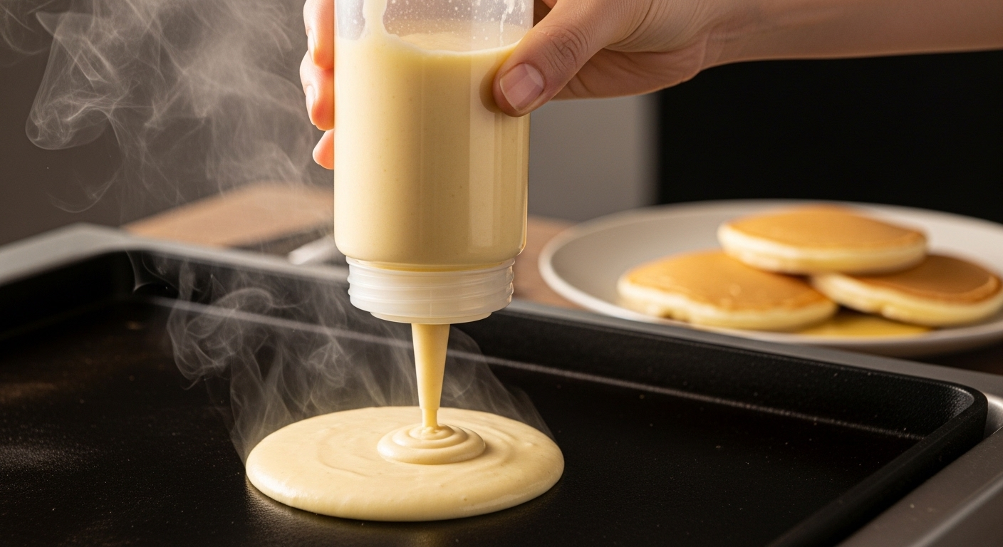 Tay dùng chai nhựa tái chế đổ bột bánh kếp lên chảo nóng, tạo hình tròn đều hoàn hảo. Đây là mẹo vặt làm bánh kếp nhanh, đẹp mắt, có hơi nóng bốc lên và bánh đã chín trên đĩa.