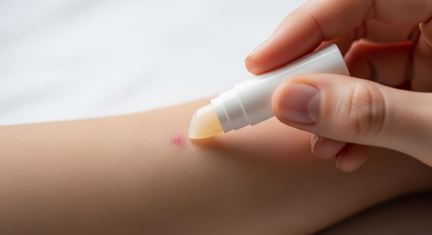 Hình ảnh cận cảnh bàn tay nhẹ nhàng thoa son dưỡng môi trong suốt lên vết hồng mờ trên da cánh tay, minh họa một mẹo vặt cuộc sống giúp làm dịu và cấp ẩm cho làn da.