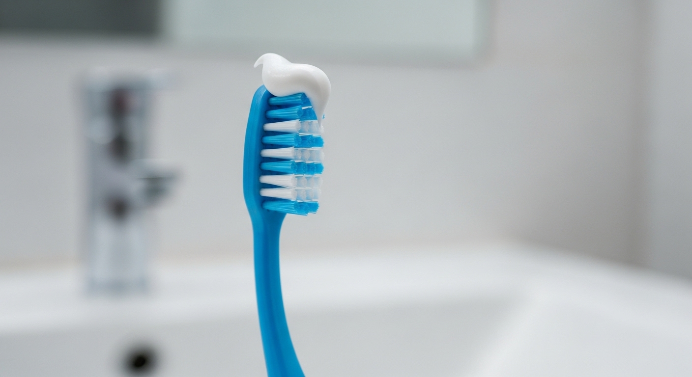 Cận cảnh bàn chải đánh răng màu xanh với lượng kem vừa đủ. Mẹo vặt cuộc sống để chăm sóc răng miệng hiệu quả.