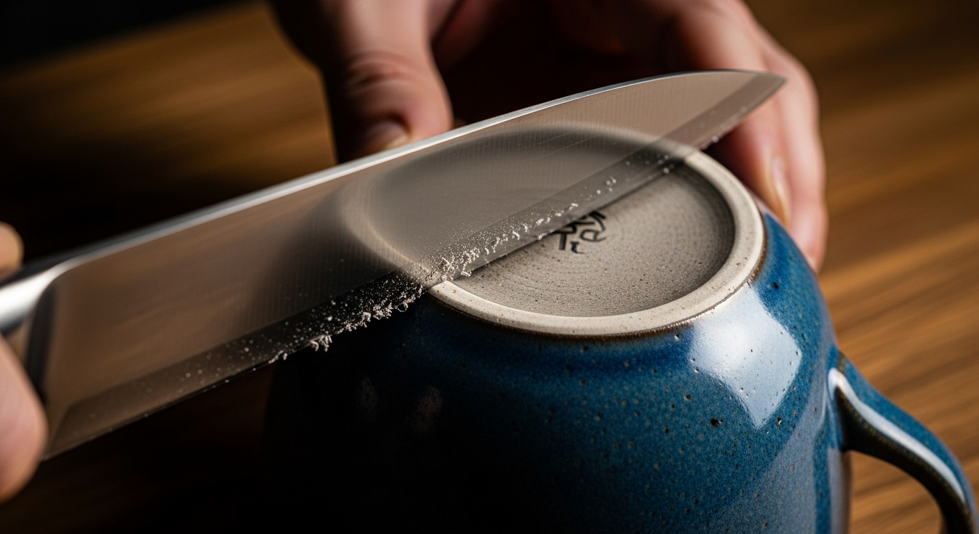 Mài lưỡi dao đầu bếp sắc bén bằng vành đáy cốc sứ úp ngược, một mẹo vặt cuộc sống hữu ích và tiết kiệm.