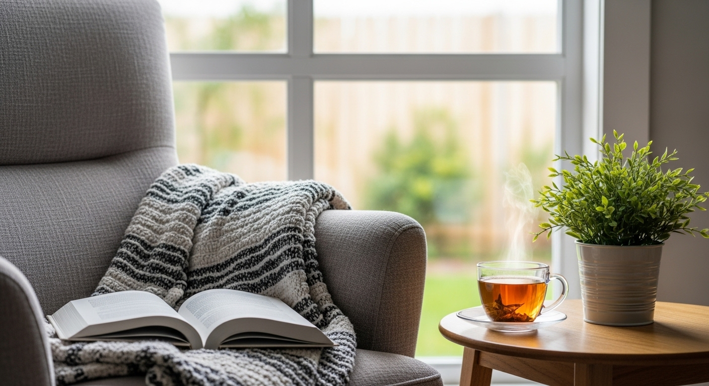 Góc đọc sách ấm cúng với ghế bành, sách mở, trà thảo mộc và cây xanh. Một mẹo vặt gia đình giúp tạo không gian thư giãn hiệu quả.