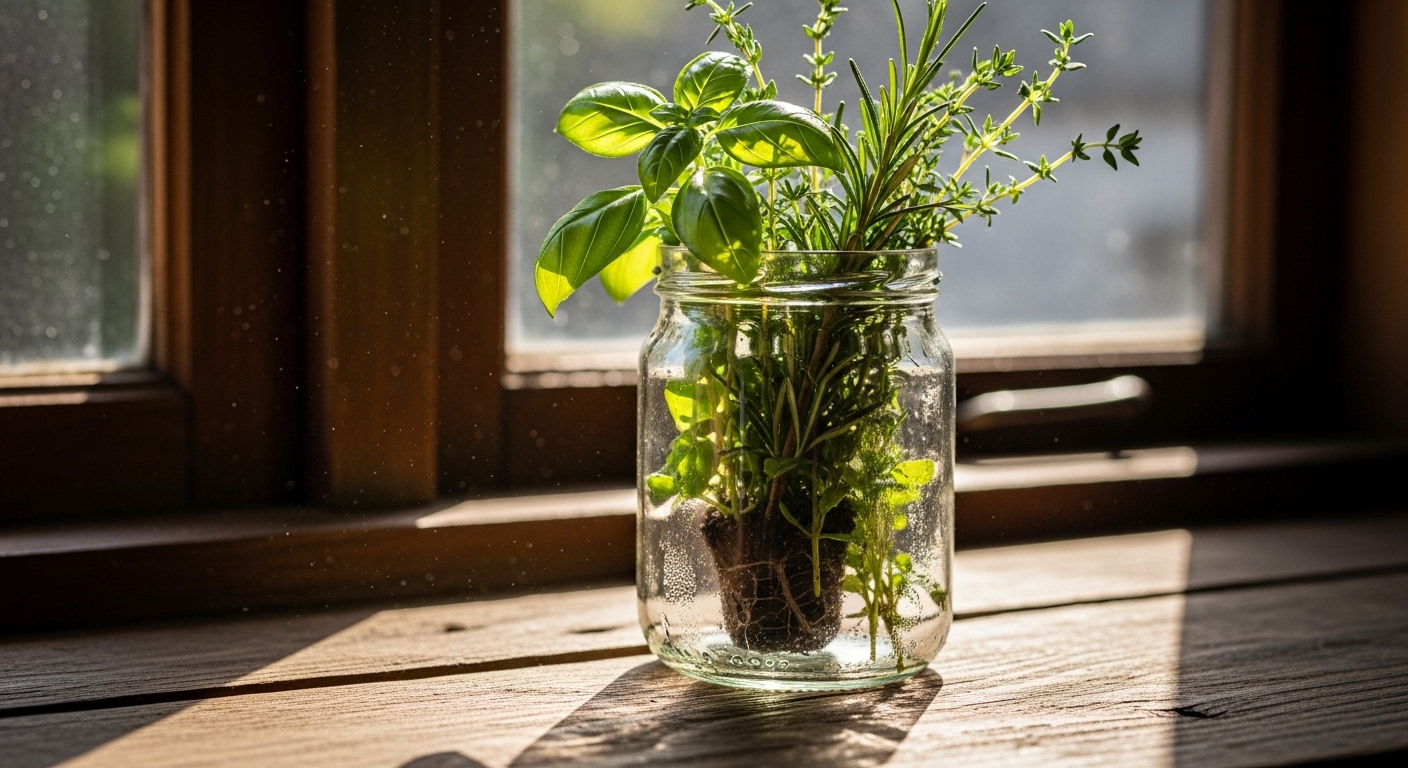 Lọ thủy tinh cũ tận dụng cắm cành rau xanh tươi trên bệ cửa sổ gỗ ngập nắng.