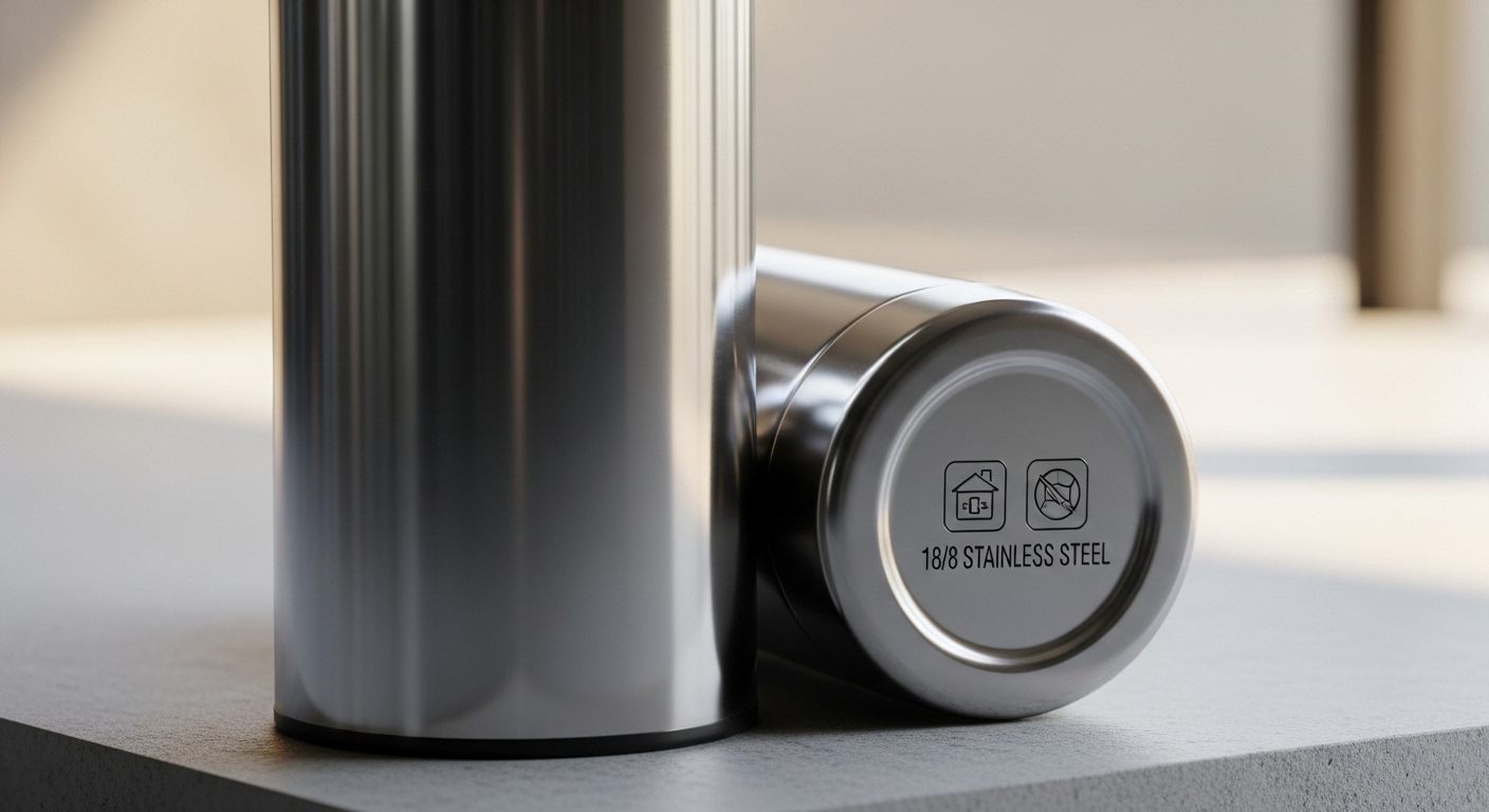 Bình giữ nhiệt inox sáng bóng, thiết kế tinh tế, với dấu khắc chất lượng cao ở đáy, lý tưởng làm cốc đựng nước sôi an toàn và bền bỉ.