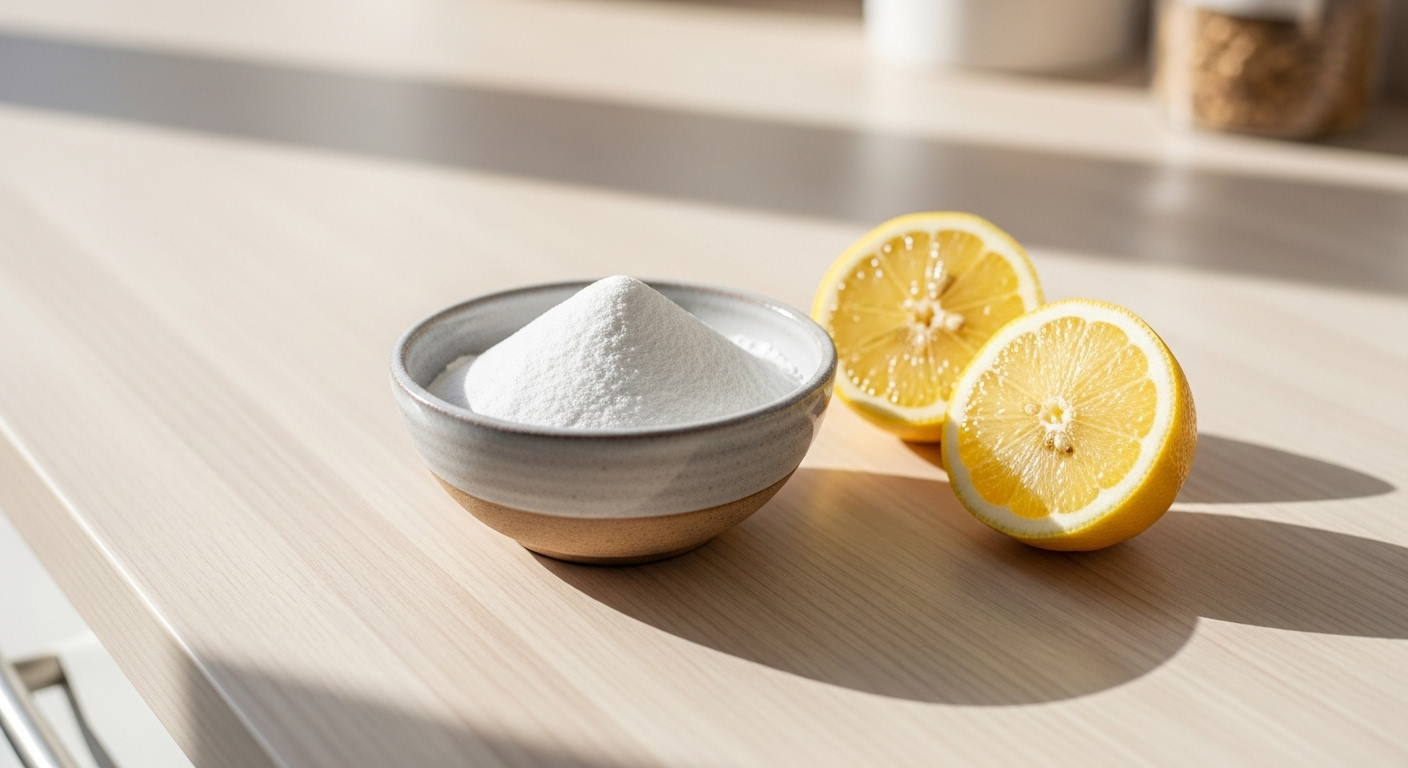 Bát baking soda và chanh tươi trên bàn bếp gỗ sạch sẽ, gợi ý phương pháp vệ sinh nhà bếp tự nhiên và thân thiện môi trường.