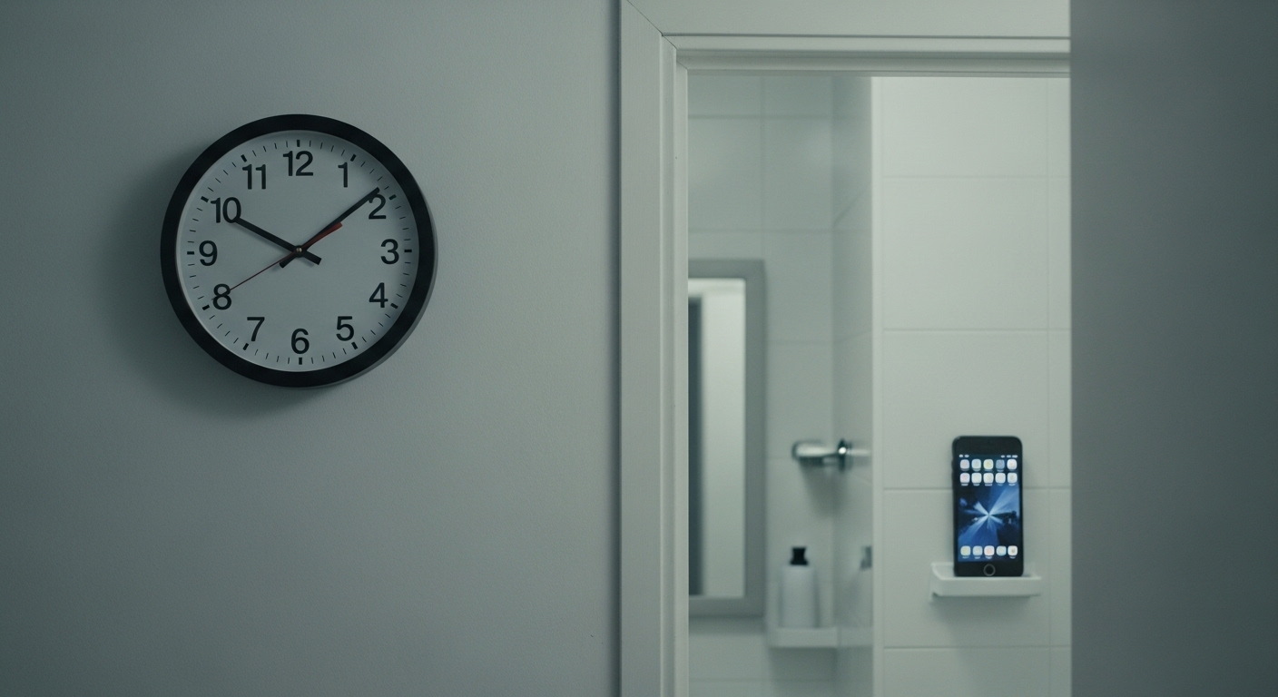 Đồng hồ treo tường chỉ dưới 10 phút, điện thoại đặt ngoài cửa phòng tắm, minh họa cho câu hỏi Đi vệ sinh trong bao lâu là hợp lý.