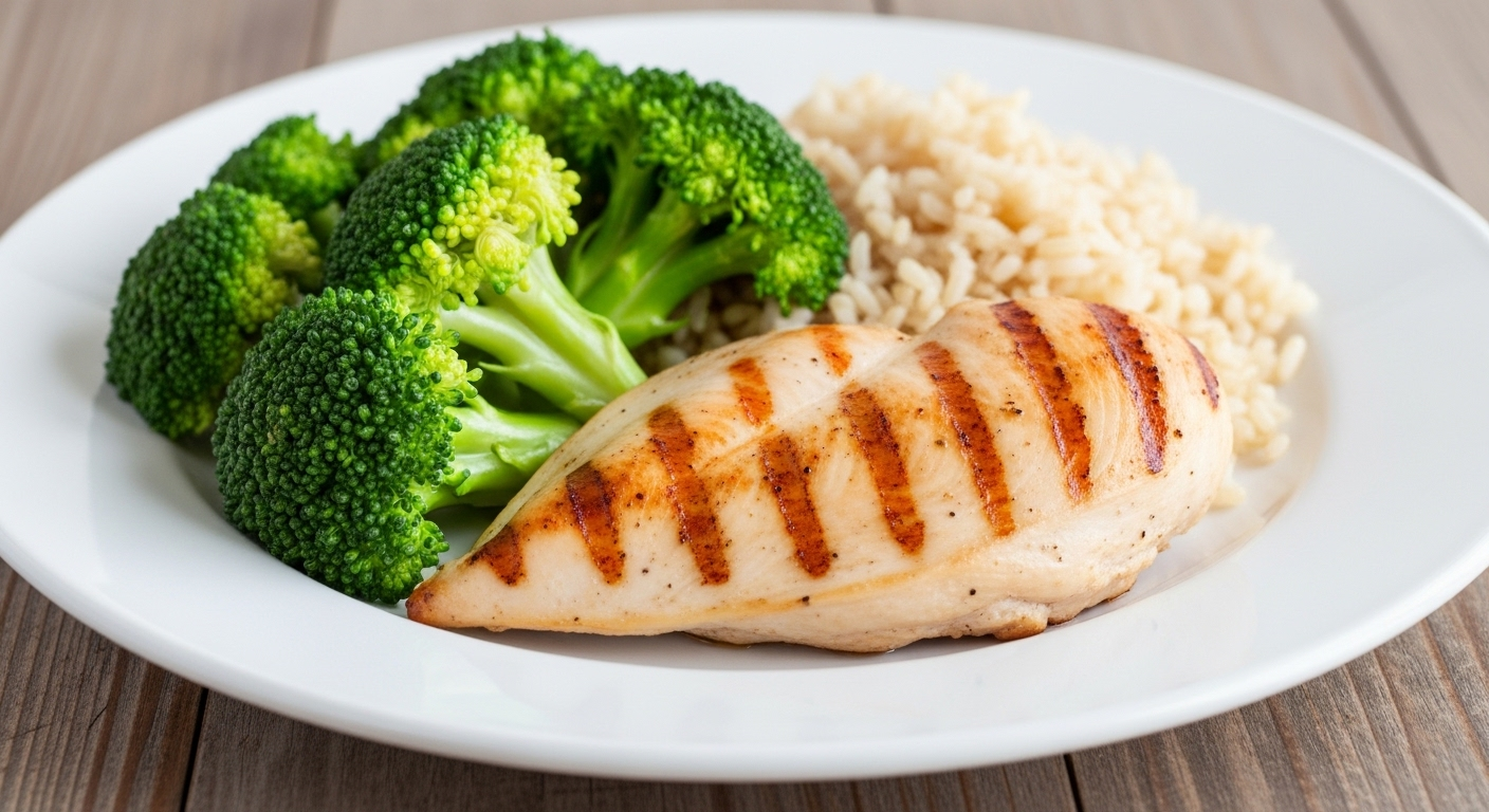 Đĩa thức ăn lành mạnh gồm ức gà nướng, bông cải xanh và gạo lứt trên bàn gỗ, gợi ý về một lối sống thông minh và việc quản lý bếp núc hiệu quả. Áp dụng thêm các mẹo vặt như mẹo bỏ đồng xu vào tủ lạnh để tối ưu hóa việc lưu trữ thực phẩm.