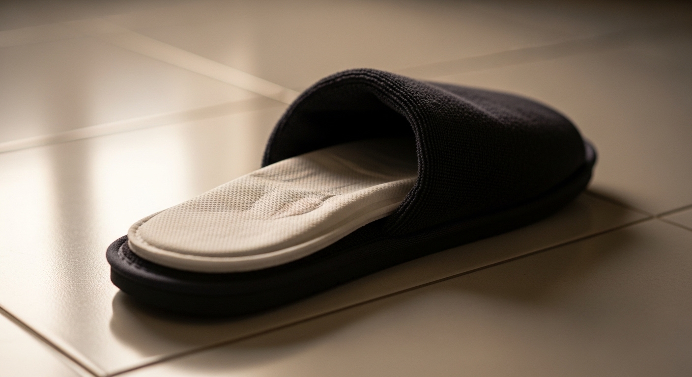 Dép dùng một lần màu trắng gọn gàng đặt bên trong dép khách sạn tái sử dụng màu tối trên sàn gạch sạch sẽ.