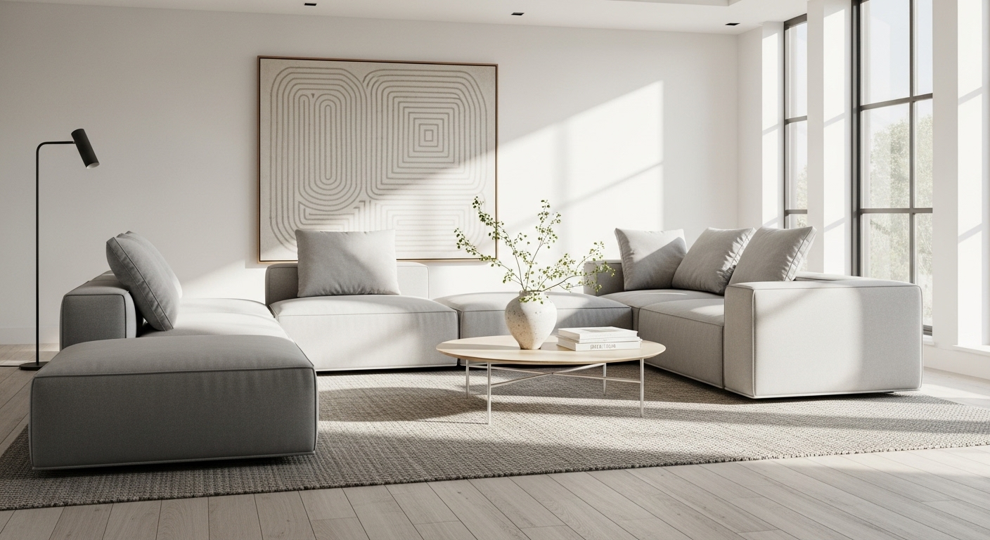 Phòng khách hiện đại, ngập nắng với sofa module màu xám nhạt hình chữ L. Thiết kế tối giản, linh hoạt, là sự nâng cấp hoàn hảo thay thế cho đồ nội thất lỗi thời.