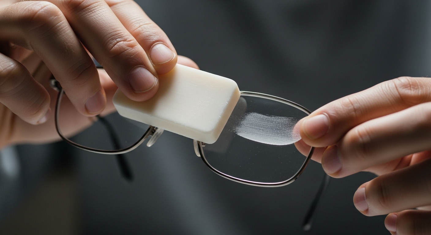 dùng xà phòng trắng xoa nhẹ lên tròng kính tạo lớp màng mờ.